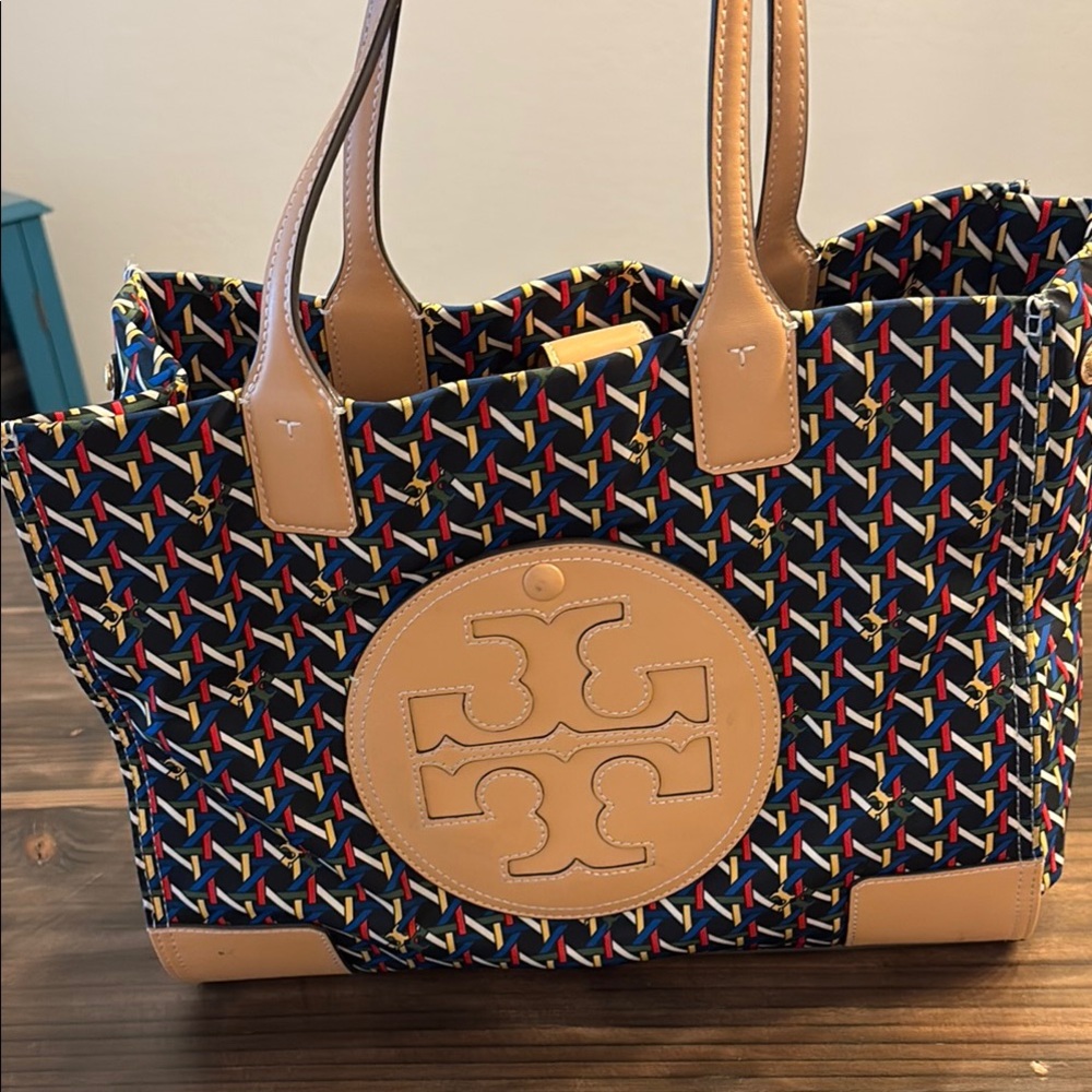 Tory Burch Blue and Tan Tote Bag with Geometric Print
